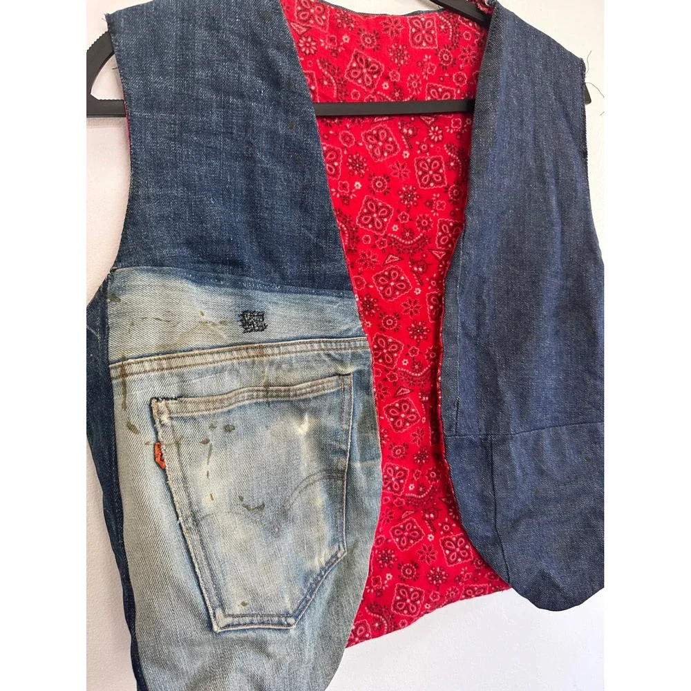 Upcycled Vintage Levis Orange Tab Denim Patchwork Vest Unisex Streetwear Grunge